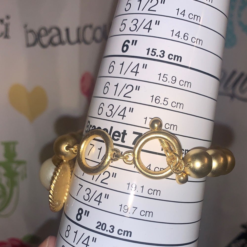 Karine Sultan Elegant Gold Beaded Bracelet with Pearl and Coin Charm - Picture 4 of 11